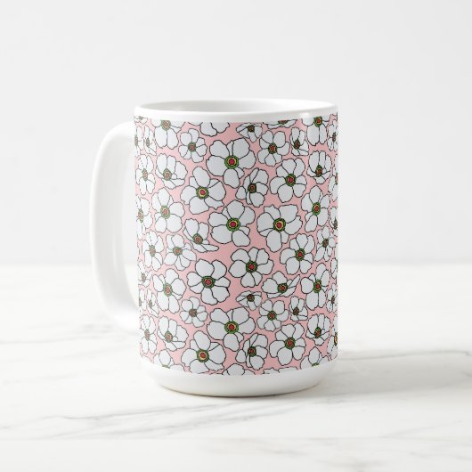 Roze en witte boho bloemen koffiemok (Voorkant links)