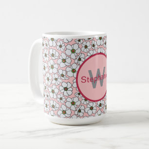Roze en witte boho bloemen met monogram koffiemok