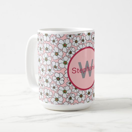 Roze en witte boho bloemen met monogram koffiemok (Voorkant links)