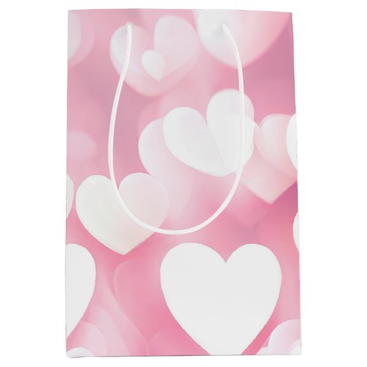 Roze en witte bokeh harten medium cadeauzakje (Voorkant)