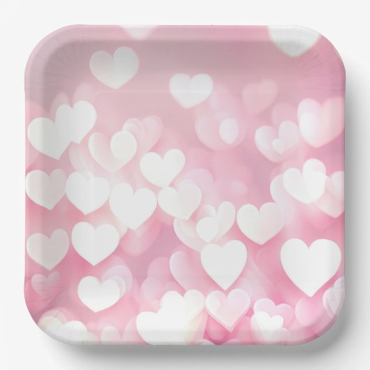 Roze en witte bokeh harten papieren bordje (Voorkant)