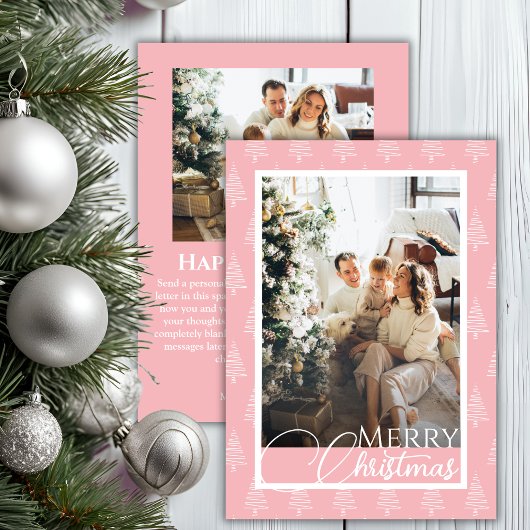 Roze en witte boom patroon foto kerst feestdagenkaart