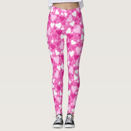 Roze en Witte Borstkanker Bewustzijn Harten Leggings (Voorkant)
