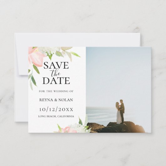 Roze en witte botanische foto Save The Date Aankondiging (Voorkant)