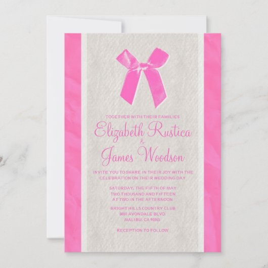 Roze en Witte Bow Linen Wedding Invitations Kaart (Voorkant)