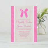 Roze en Witte Bow Linen Wedding Invitations Kaart (Staand voorkant)