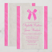 Roze en Witte Bow Linen Wedding Invitations Kaart (Voorkant / Achterkant)
