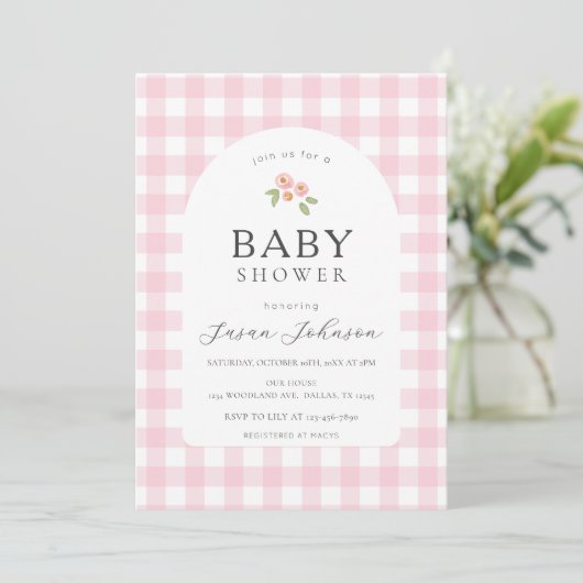 Roze en Witte Buffel Check Plaid Baby shower Kaart (Staand voorkant)