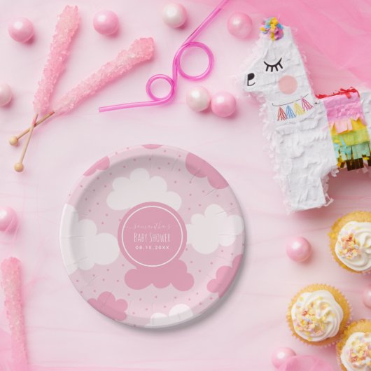 Roze en witte Cartoon Clouds Girl Baby shower Cute Papieren Bordje (Feest)