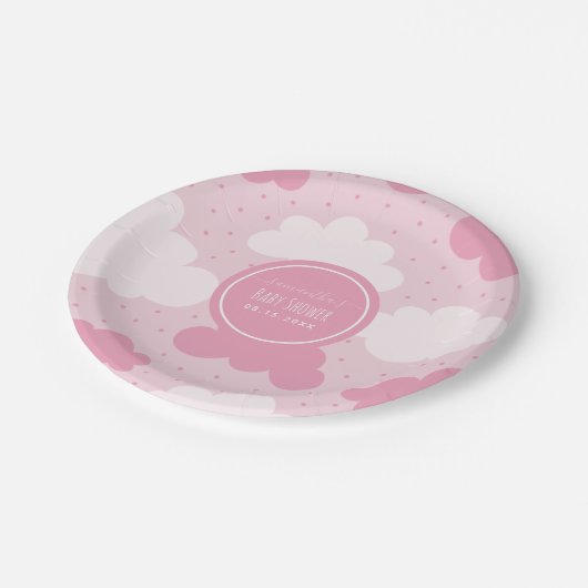 Roze en witte Cartoon Clouds Girl Baby shower Cute Papieren Bordje (Gekanteld)