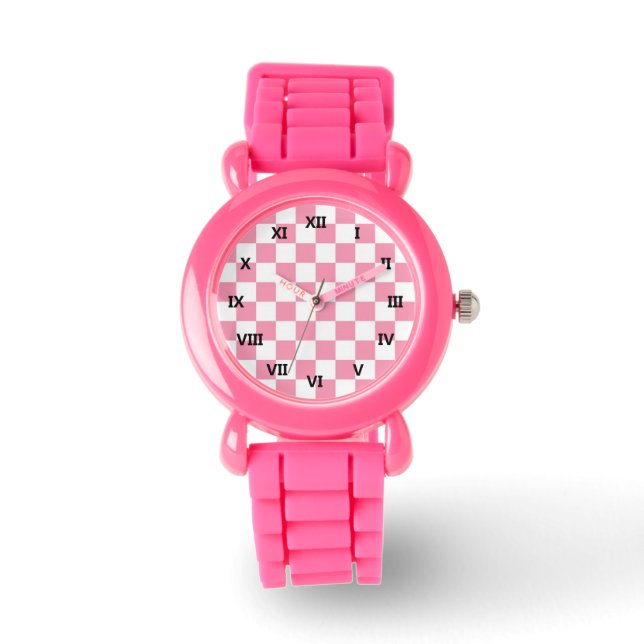Roze en witte Check Squares Glitter horloge (Voorkant)