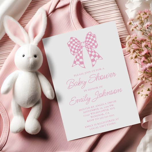 Roze en witte Checker Bow Baby shower Kaart