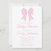 Roze en witte Checker Bow Baby shower Kaart (Voorkant)