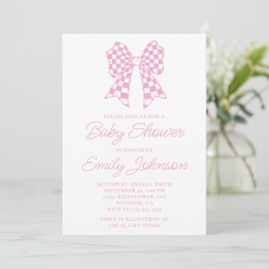 Roze en witte Checker Bow Baby shower Kaart (Staand voorkant)