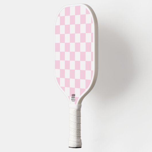 Roze en witte cheque pickleball paddle (Links)