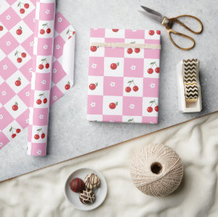 Roze en Witte Chequer Kersen Inpakpapier