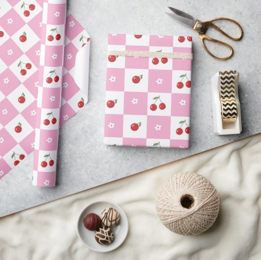 Roze en Witte Chequer Kersen Inpakpapier (Crafts)