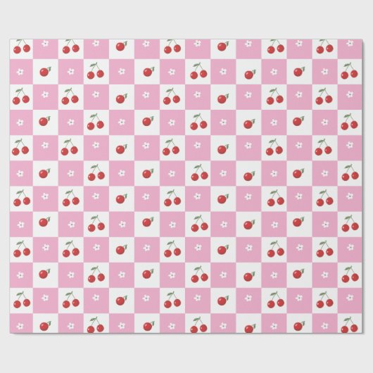 Roze en Witte Chequer Kersen Inpakpapier (Vlak)