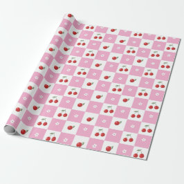 Roze en Witte Chequer Kersen Inpakpapier