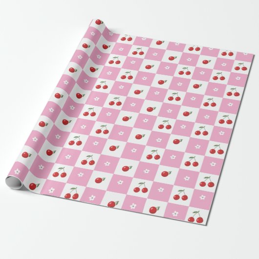 Roze en Witte Chequer Kersen Inpakpapier (Uitgerold)