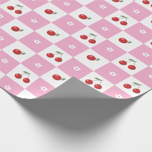 Roze en Witte Chequer Kersen Inpakpapier (Hoek)