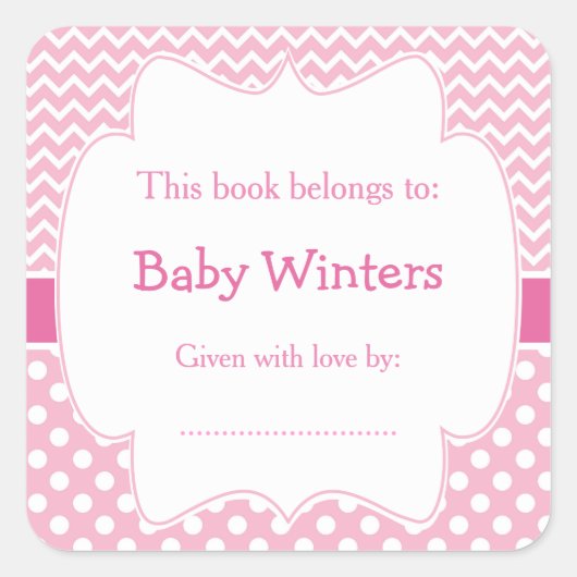 Roze en witte Chevron en Polka Dots Boekplaat Vierkante Sticker (Voorkant)