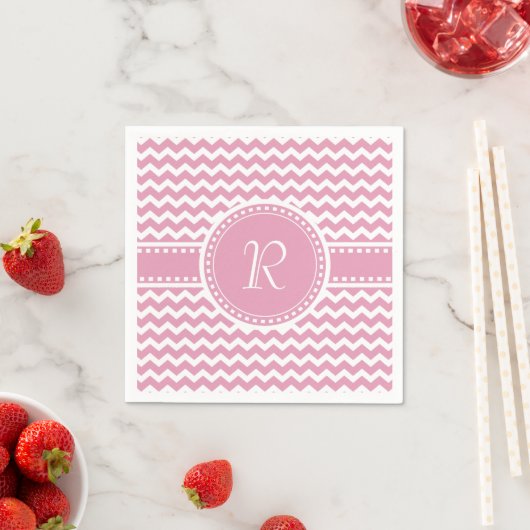  Roze en Witte Chevron Gestreept Monogram Servetten (Insitu)