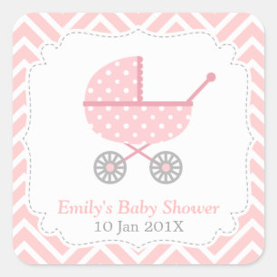 Roze en witte Chevron, kinderwagen, babymeisjesdou Vierkante Sticker