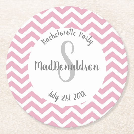 Roze en witte chevron monogram feest ronde kartonnen onderzetter (Voorkant)