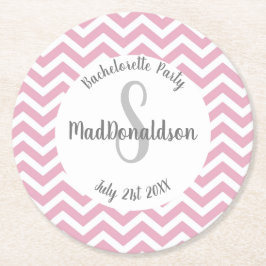 Roze en witte chevron monogram feestje ronde kartonnen onderzetter