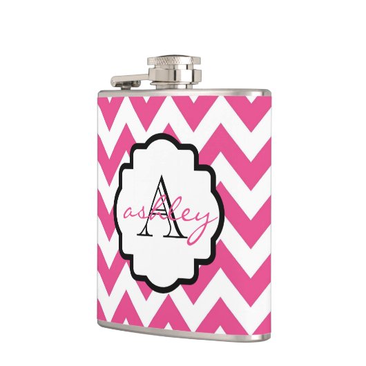 Roze en witte Chevron Monogram Flask Heupfles (Links)