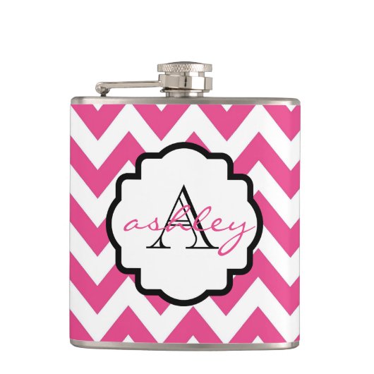 Roze en witte Chevron Monogram Flask Heupfles (Voorkant)
