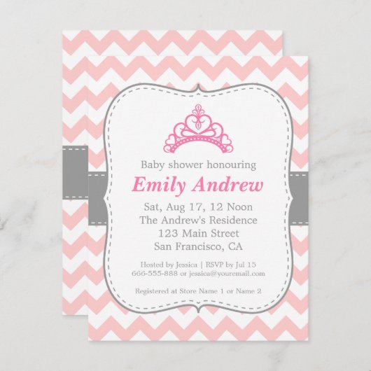 Roze en witte Chevron, prinses Baby Girl Shower Kaart (Voorkant / Achterkant)