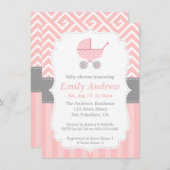 Roze en witte Chevron, Stroller, Baby Girl Shower Kaart (Voorkant / Achterkant)