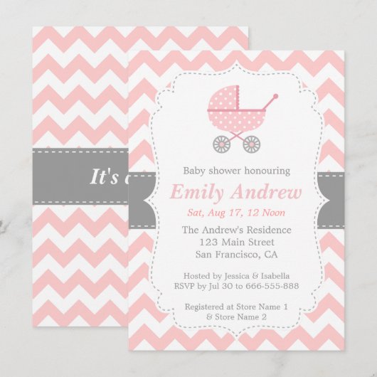 Roze en witte Chevron, Stroller, Baby Girl Shower Kaart (Voorkant / Achterkant)