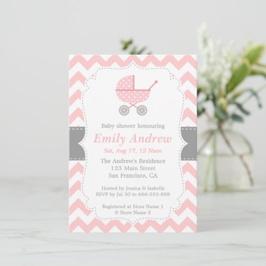 Roze en witte Chevron, Stroller, Baby Girl Shower Kaart (Staand voorkant)