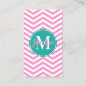 Roze en witte Chevron Turquoise Monogram Visitekaartje (Voorkant)