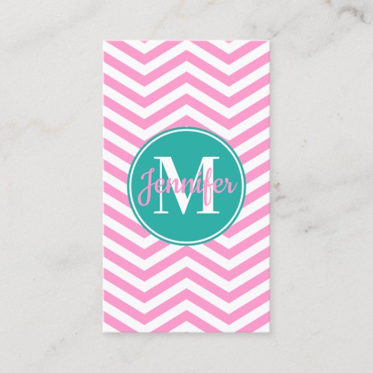 Roze en witte Chevron Turquoise Monogram Visitekaartje (Voorkant)