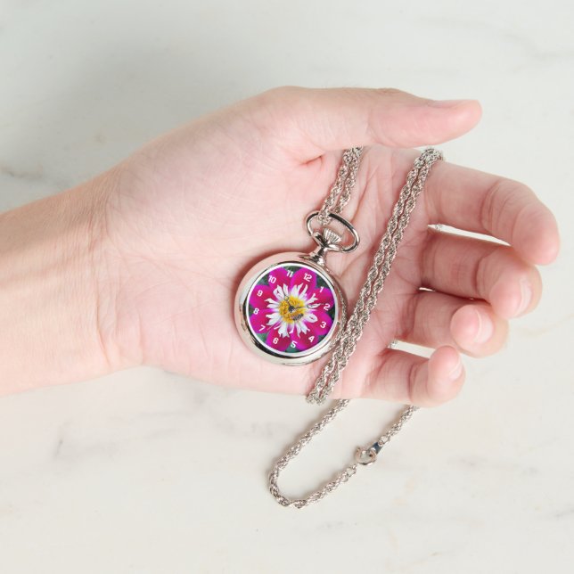 Roze en witte collarette Dahlia Floral Horloge (Hand)
