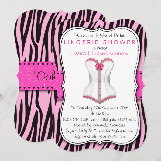 Roze en witte corset op Zebra Print Lingerie Showe Kaart (Voorkant / Achterkant)
