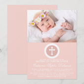 Roze en Witte Cross Baptisme Fotouitnodiging Kaart (Voorkant / Achterkant)