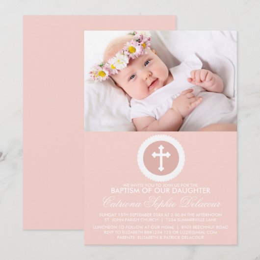 Roze en Witte Cross Baptisme Fotouitnodiging Kaart (Voorkant / Achterkant)