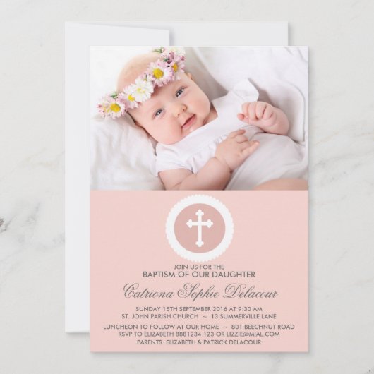 Roze en Witte Cross Baptisme Fotouitnodiging Kaart (Voorkant)