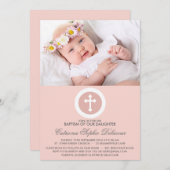 Roze en Witte Cross Baptisme Fotouitnodiging Kaart (Voorkant / Achterkant)