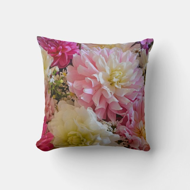 Roze en witte dahlia bloemen kussen (Voorkant)