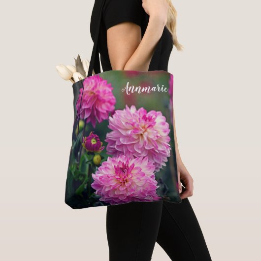 Roze en Witte Dahlia Flower, gepersonaliseerd Tote Bag (Dichtbij)