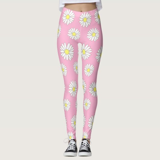 Roze en Witte Daisies Vrouwen Leggings (Voorkant)