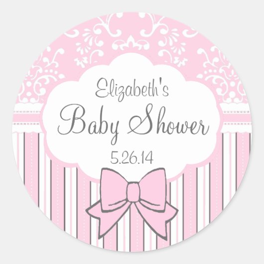 Roze en witte Damask Baby shower Ronde Sticker (Voorkant)