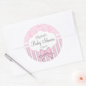 Roze en witte Damask Baby shower Ronde Sticker (Envelop)