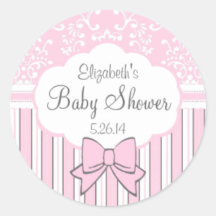 Roze en witte Damask Baby shower Ronde Sticker